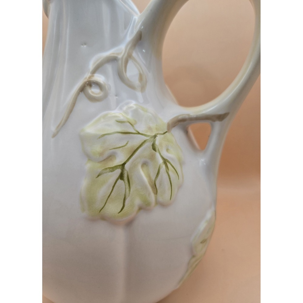 Ceramic Pitcher Gourd White And Light Green Embossed - Picture 2 of 10